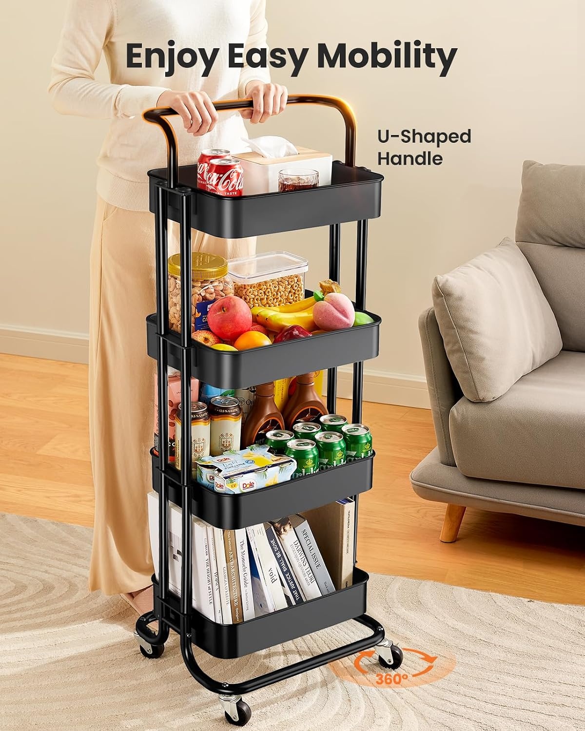 image:imagePipishell Metal 3 Tier Rolling Cart with Handle amp 2 Lockable Wheels Pink Four Large 2 Wheels for Easy Motion Sturdy Metal Hold 22 lbs per Shelf Ideal for Nursery Room Living Room Painting RoomBlack