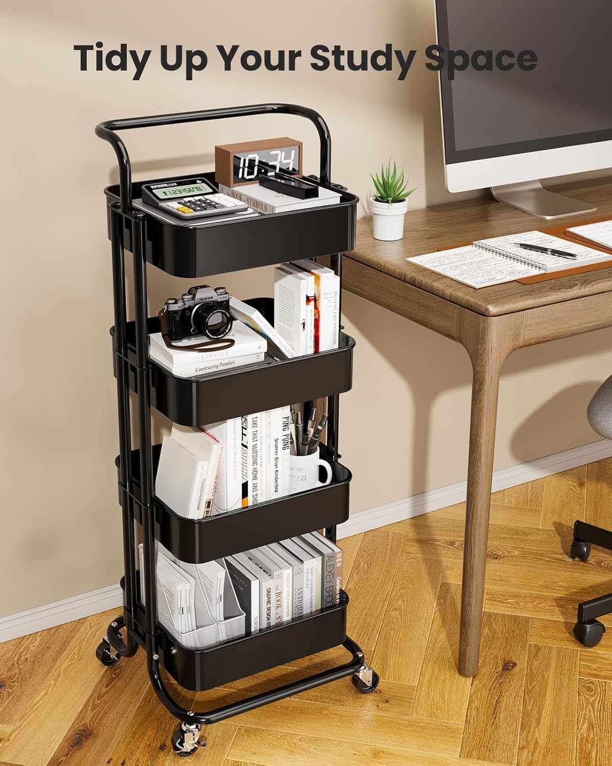 image:imagePipishell Metal 3 Tier Rolling Cart with Handle amp 2 Lockable Wheels Pink Four Large 2 Wheels for Easy Motion Sturdy Metal Hold 22 lbs per Shelf Ideal for Nursery Room Living Room Painting RoomBlack