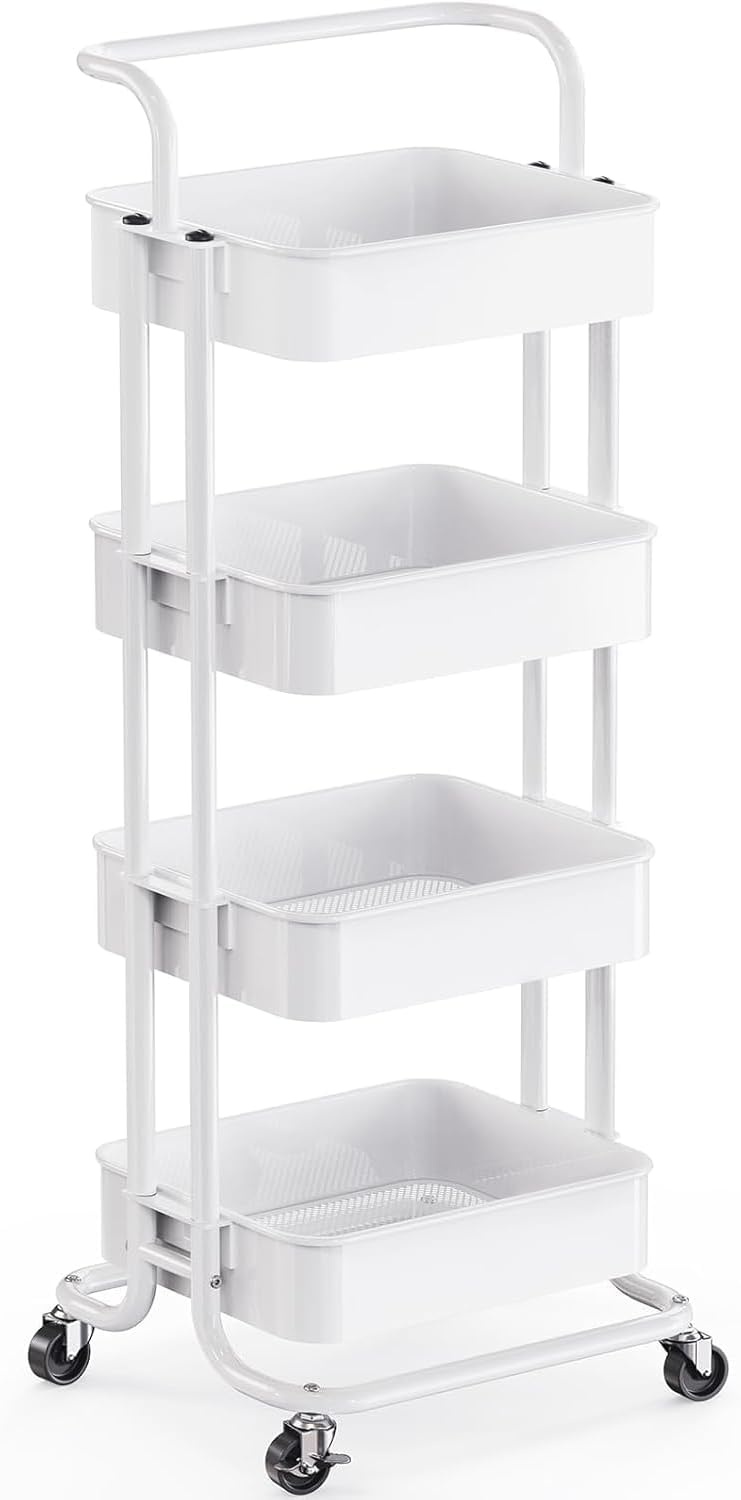 image:imagePipishell Metal 3 Tier Rolling Cart with Handle amp 2 Lockable Wheels Pink Four Large 2 Wheels for Easy Motion Sturdy Metal Hold 22 lbs per Shelf Ideal for Nursery Room Living Room Painting RoomWhite