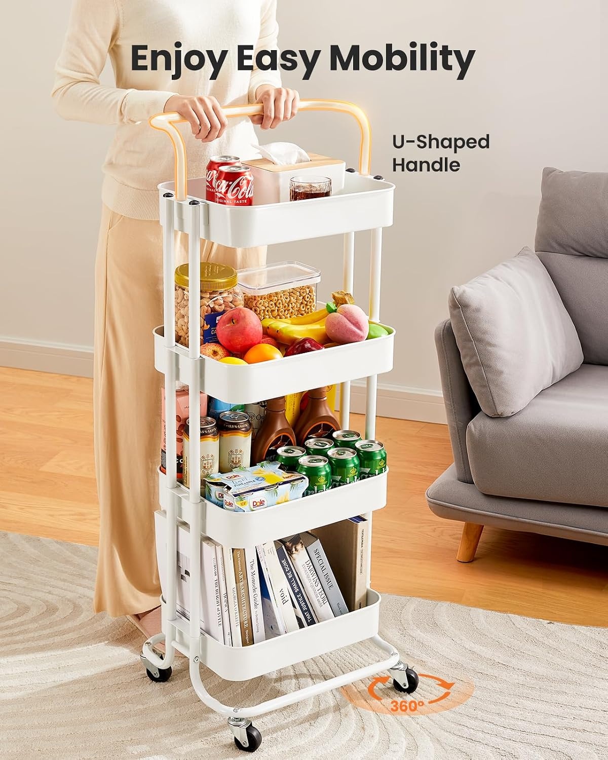 image:imagePipishell Metal 3 Tier Rolling Cart with Handle amp 2 Lockable Wheels Pink Four Large 2 Wheels for Easy Motion Sturdy Metal Hold 22 lbs per Shelf Ideal for Nursery Room Living Room Painting RoomWhite