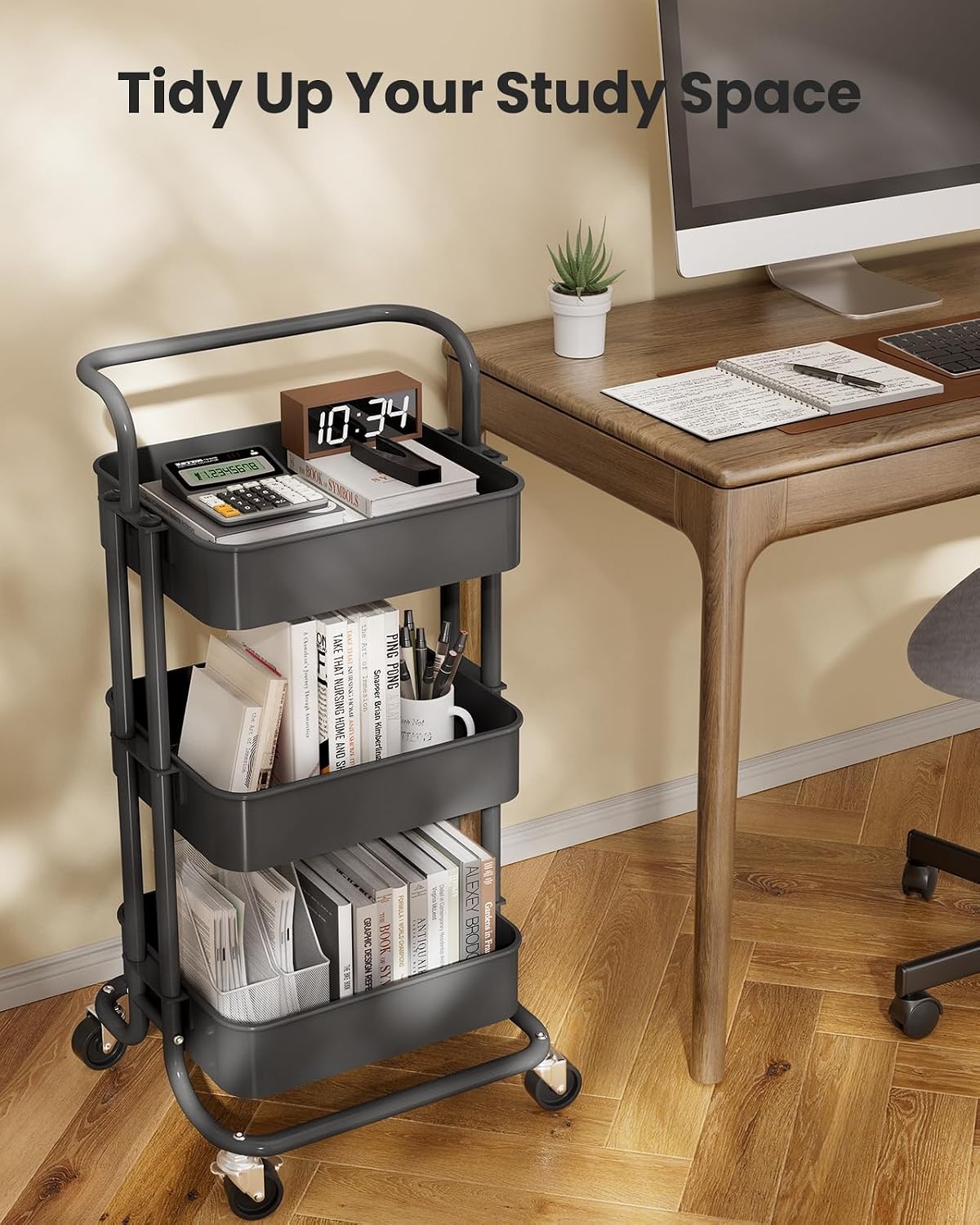 image:imagePipishell Metal 3 Tier Rolling Cart with Handle amp 2 Lockable Wheels Pink Four Large 2 Wheels for Easy Motion Sturdy Metal Hold 22 lbs per Shelf Ideal for Nursery Room Living Room Painting RoomGray