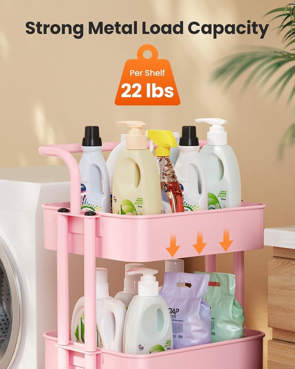 image:imagePipishell Metal 3 Tier Rolling Cart with Handle amp 2 Lockable Wheels Pink Four Large 2 Wheels for Easy Motion Sturdy Metal Hold 22 lbs per Shelf Ideal for Nursery Room Living Room Painting RoomPink