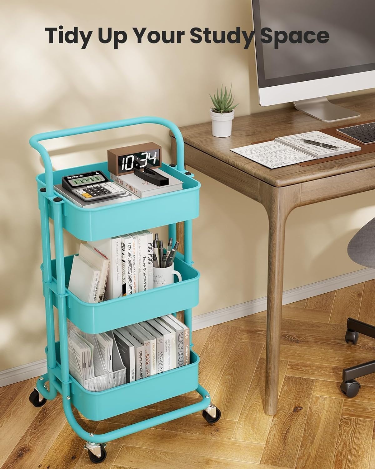 image:imagePipishell Metal 3 Tier Rolling Cart with Handle amp 2 Lockable Wheels Pink Four Large 2 Wheels for Easy Motion Sturdy Metal Hold 22 lbs per Shelf Ideal for Nursery Room Living Room Painting RoomTurquoise