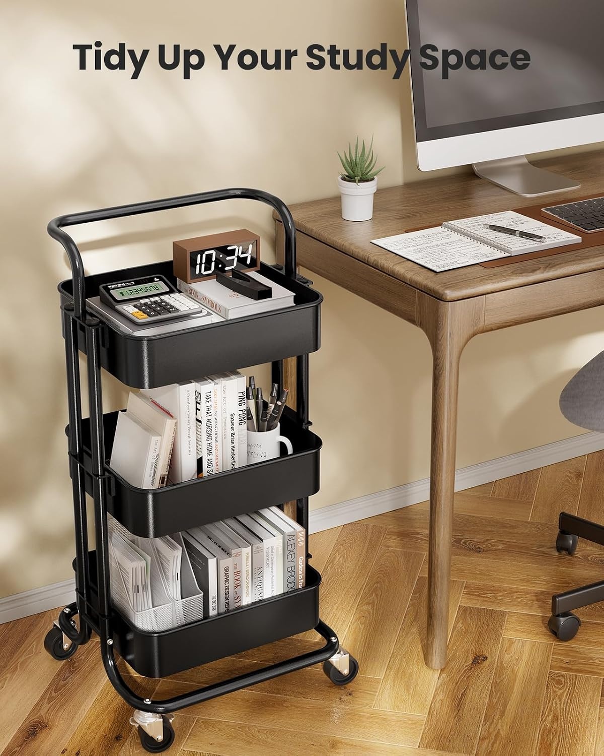 image:imagePipishell Metal 3 Tier Rolling Cart with Handle amp 2 Lockable Wheels Pink Four Large 2 Wheels for Easy Motion Sturdy Metal Hold 22 lbs per Shelf Ideal for Nursery Room Living Room Painting RoomBlack