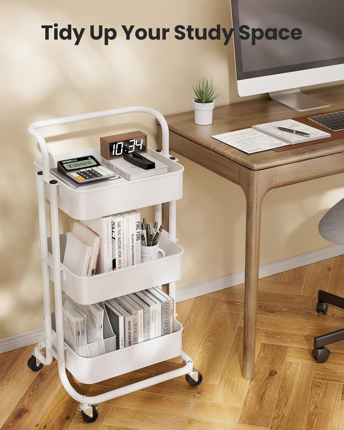 image:imagePipishell Metal 3 Tier Rolling Cart with Handle amp 2 Lockable Wheels Pink Four Large 2 Wheels for Easy Motion Sturdy Metal Hold 22 lbs per Shelf Ideal for Nursery Room Living Room Painting RoomWhite