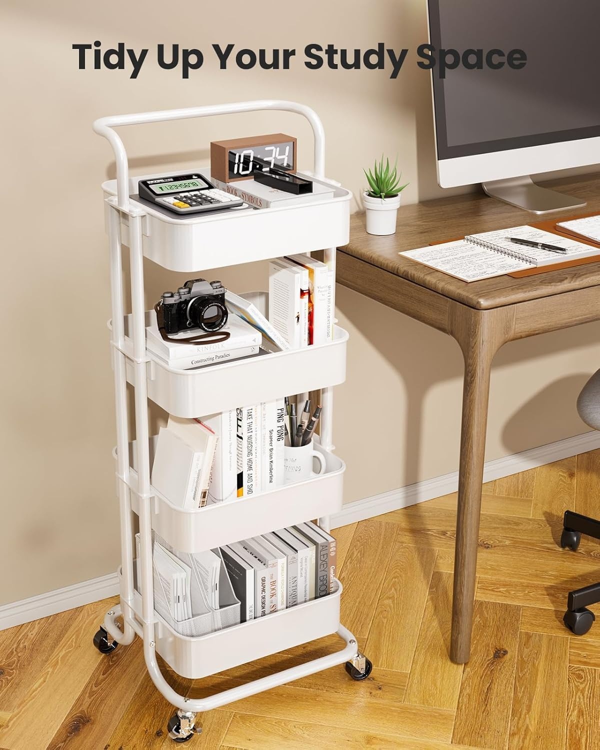 image:imagePipishell Metal 3 Tier Rolling Cart with Handle amp 2 Lockable Wheels Pink Four Large 2 Wheels for Easy Motion Sturdy Metal Hold 22 lbs per Shelf Ideal for Nursery Room Living Room Painting RoomWhite