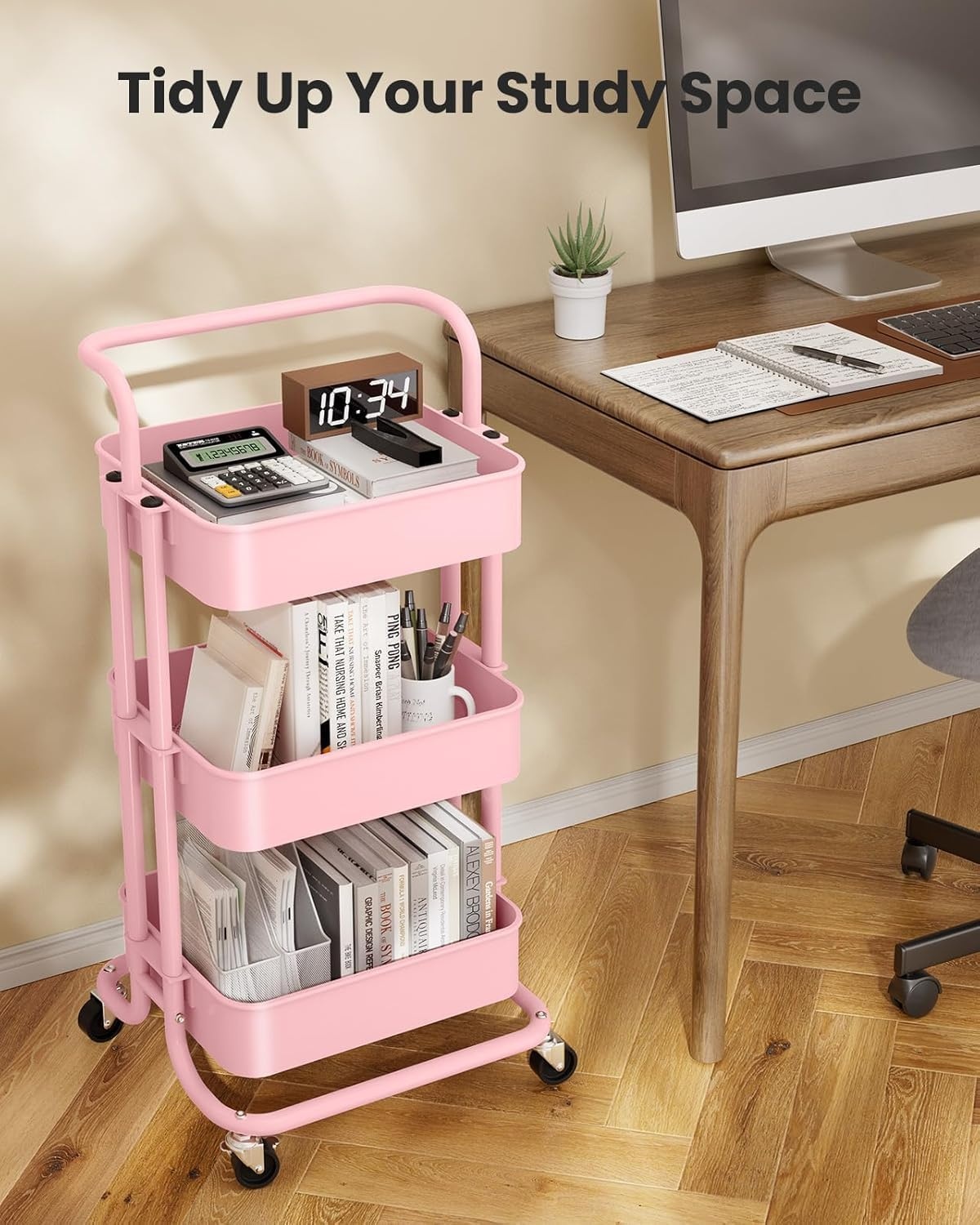 image:imagePipishell Metal 3 Tier Rolling Cart with Handle amp 2 Lockable Wheels Pink Four Large 2 Wheels for Easy Motion Sturdy Metal Hold 22 lbs per Shelf Ideal for Nursery Room Living Room Painting RoomPink