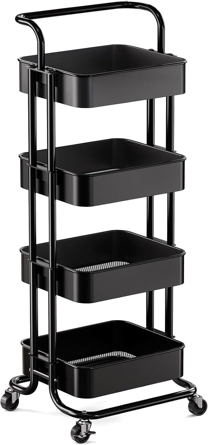 image:imagePipishell Metal 3 Tier Rolling Cart with Handle amp 2 Lockable Wheels Pink Four Large 2 Wheels for Easy Motion Sturdy Metal Hold 22 lbs per Shelf Ideal for Nursery Room Living Room Painting RoomBlack