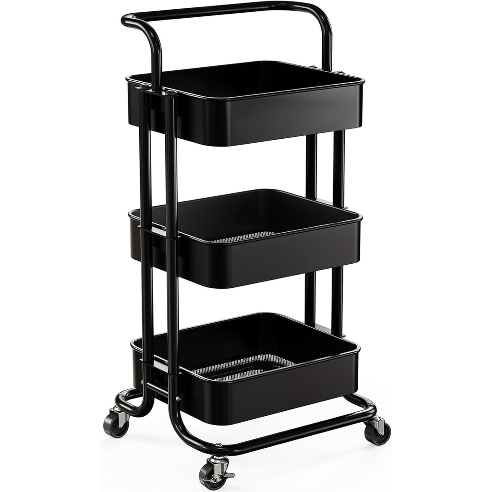 image:imagePipishell Metal 3 Tier Rolling Cart with Handle amp 2 Lockable Wheels Pink Four Large 2 Wheels for Easy Motion Sturdy Metal Hold 22 lbs per Shelf Ideal for Nursery Room Living Room Painting RoomBlack