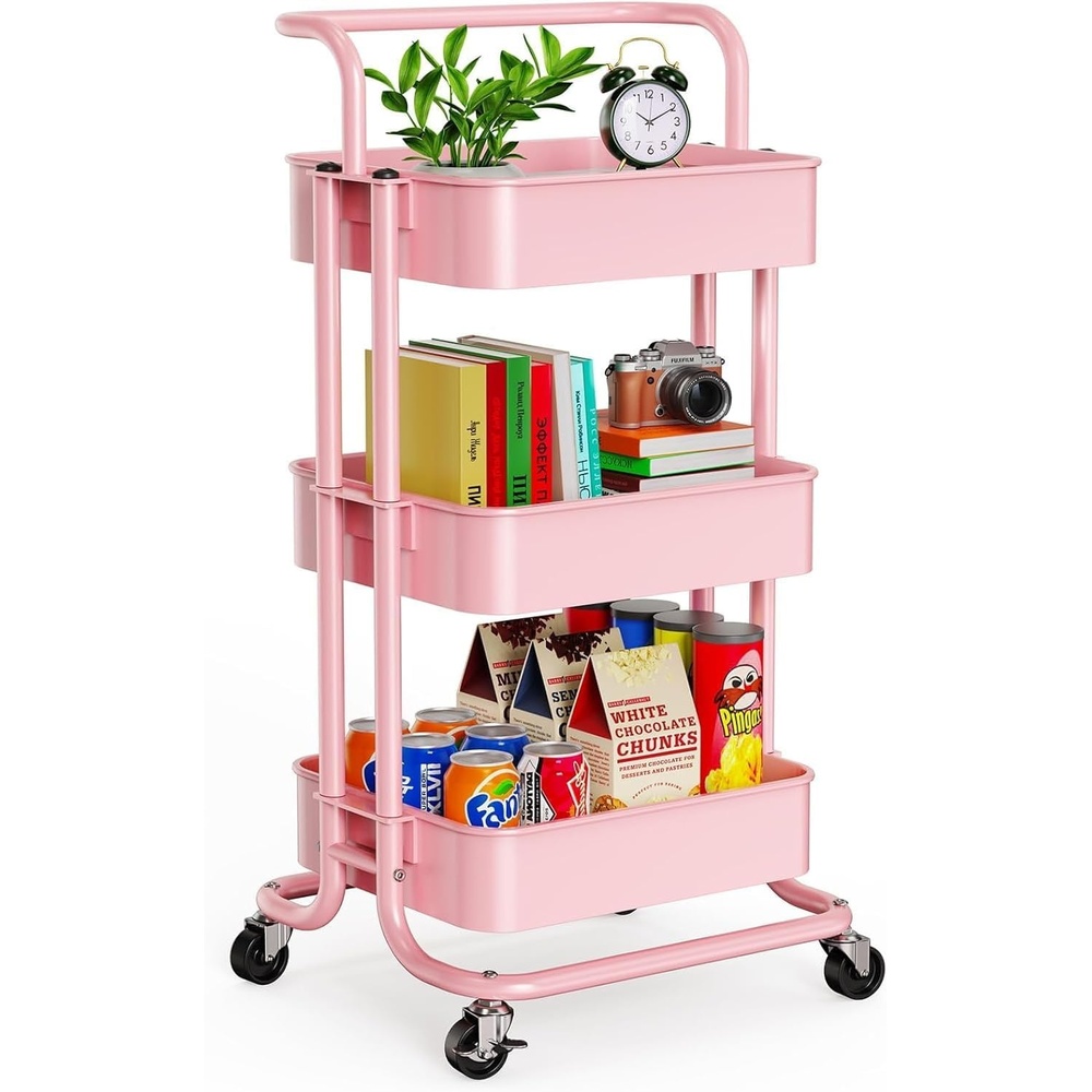 image:imagePipishell Metal 3 Tier Rolling Cart with Handle amp 2 Lockable Wheels Pink Four Large 2 Wheels for Easy Motion Sturdy Metal Hold 22 lbs per Shelf Ideal for Nursery Room Living Room Painting RoomPink