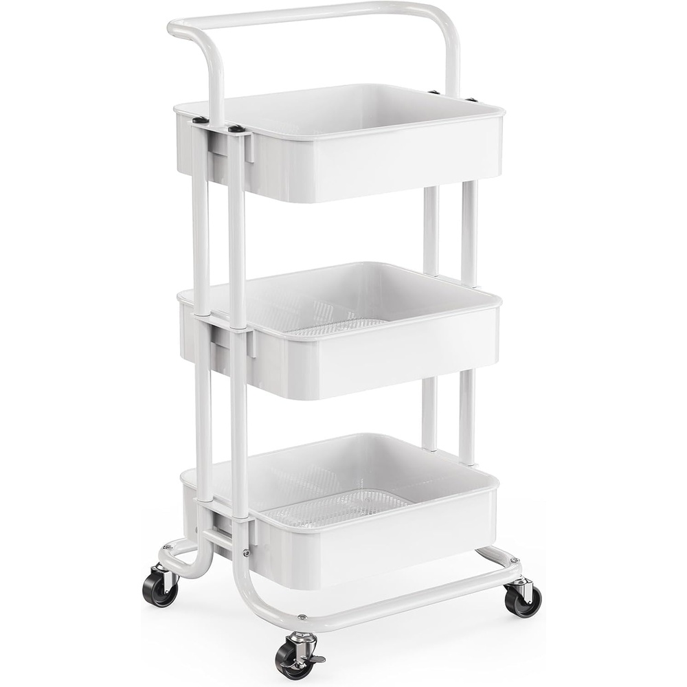 image:imagePipishell Metal 3 Tier Rolling Cart with Handle amp 2 Lockable Wheels Pink Four Large 2 Wheels for Easy Motion Sturdy Metal Hold 22 lbs per Shelf Ideal for Nursery Room Living Room Painting RoomWhite