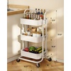 Pipishell Metal 3 Tier Rolling Cart with Handle & 2 Lockable Wheels, Pink | Four Large 2″ Wheels for Easy Motion, Sturdy Metal, Hold 22 lbs per Shelf, Ideal for Nursery Room, Living Room, Painting Room(White)