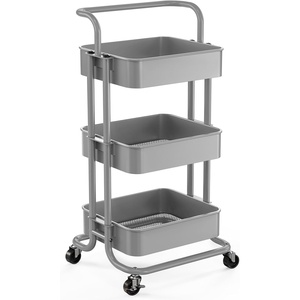 Pipishell Metal 3 Tier Rolling Cart with Handle & 2 Lockable Wheels, Pink | Four Large 2″ Wheels for Easy Motion, Sturdy Metal, Hold 22 lbs per Shelf, Ideal for Nursery Room, Living Room, Painting Room(Gray)