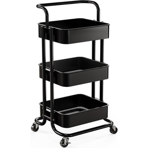 Pipishell Metal 3 Tier Rolling Cart with Handle & 2 Lockable Wheels, Pink | Four Large 2″ Wheels for Easy Motion, Sturdy Metal, Hold 22 lbs per Shelf, Ideal for Nursery Room, Living Room, Painting Room(Black)