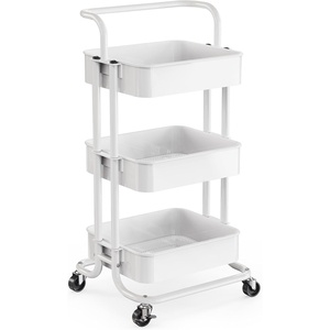 Pipishell Metal 3 Tier Rolling Cart with Handle & 2 Lockable Wheels, Pink | Four Large 2″ Wheels for Easy Motion, Sturdy Metal, Hold 22 lbs per Shelf, Ideal for Nursery Room, Living Room, Painting Room(White)